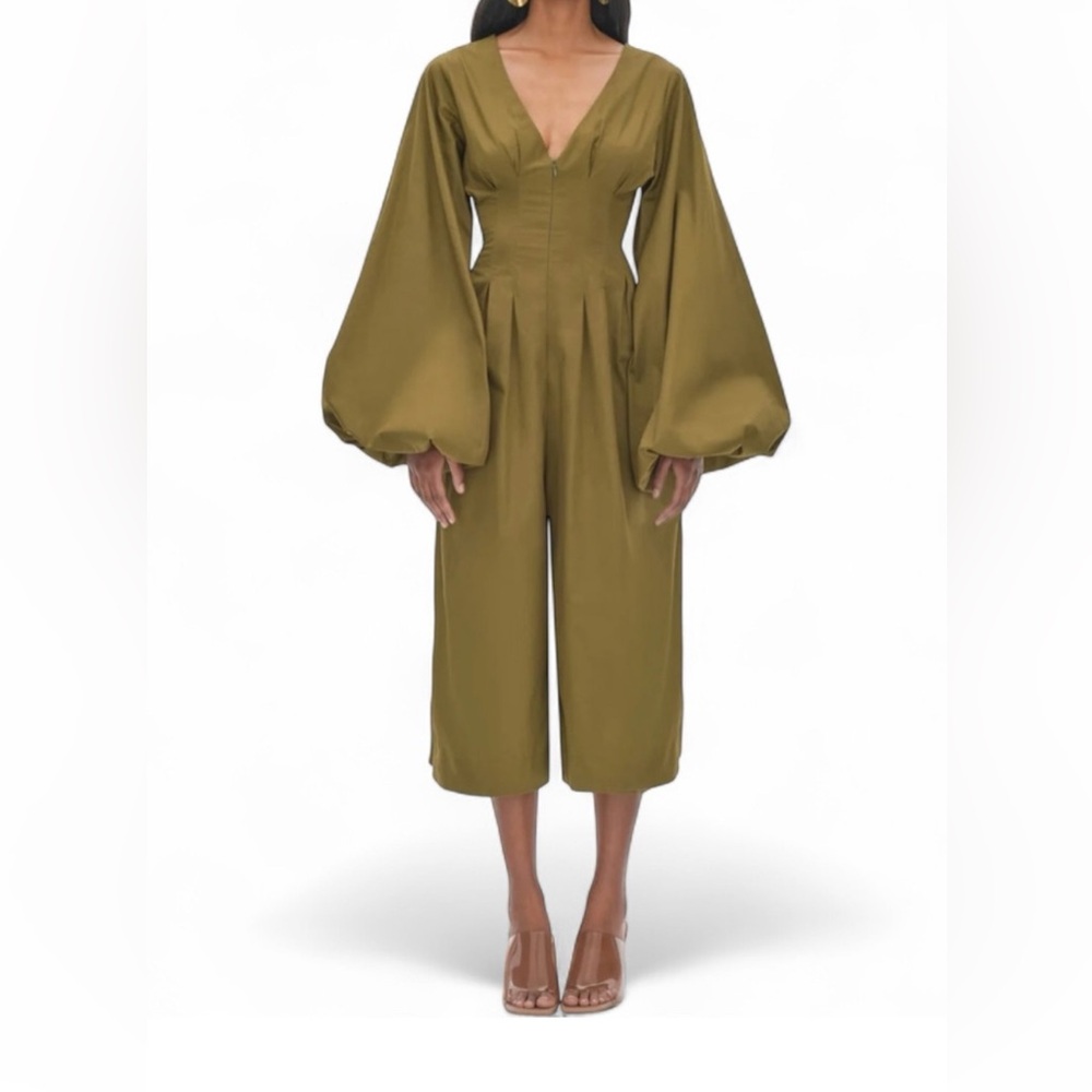 Andrea Iyamah Jumpsuit Cotton Poplin‎ Small Olive Green Bubble Hem Sleeves Fall